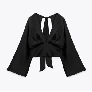 Zara Black Satin Blouse with Tie-Back v-neck open back bell sleeves Small